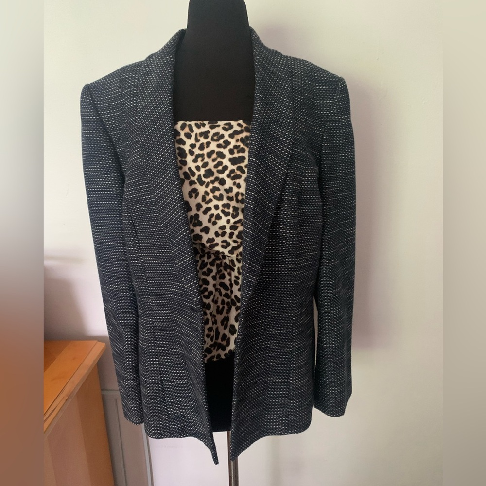 Tahari Arthur S Levine Navy White Tweed One Button Lined Jacket Blazer Sz 18
